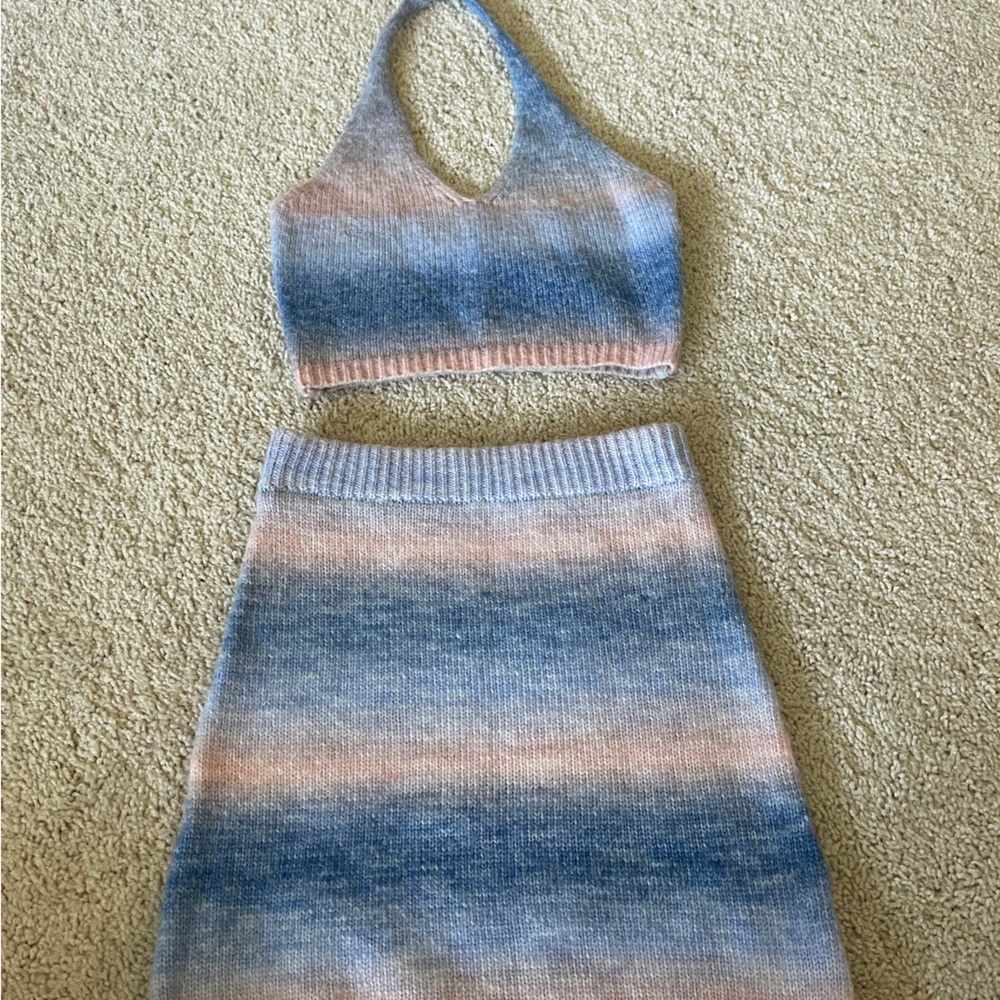 Two piece knit ombré halter skirt set